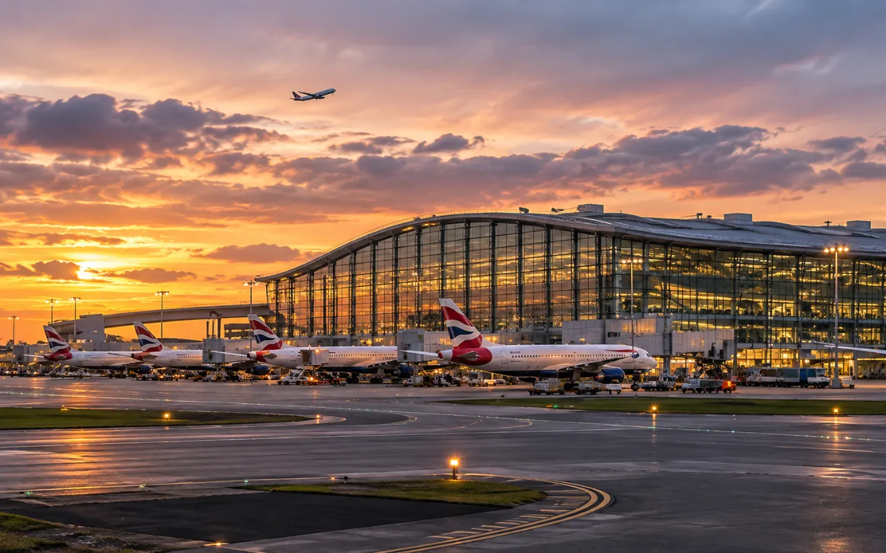 Heathrow Airport terminal at sunset, with aircraft parked at the gates