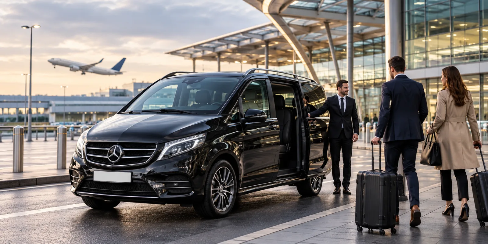 Driver welcoming two travellers with luggage to a black Mercedes-Benz V-Class at an airport terminal