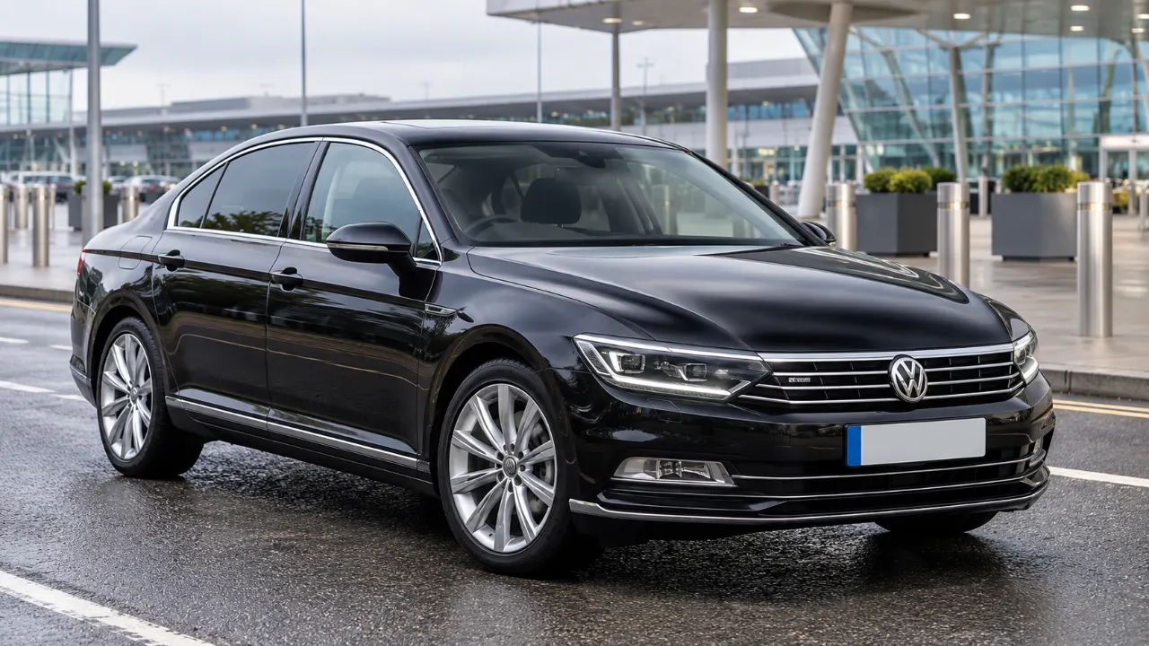 Black Volkswagen Passat saloon parked outside an airport terminal