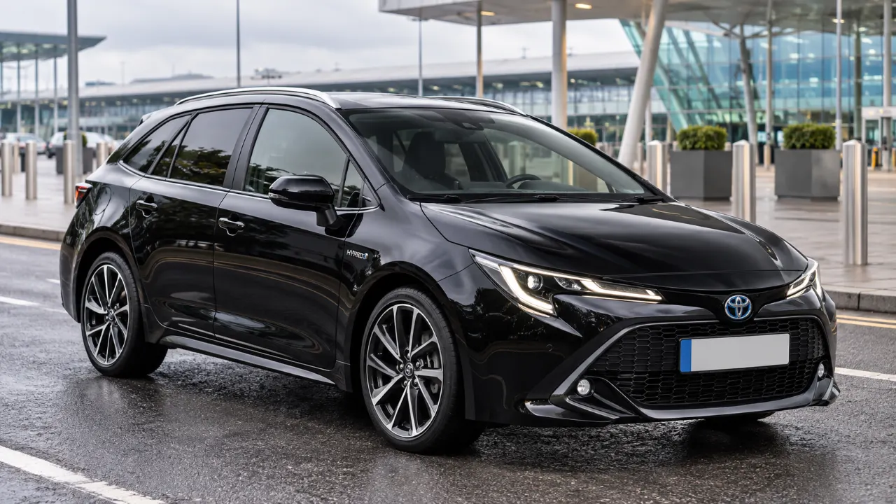 Black Toyota Corolla Touring Sports estate parked outside an airport terminal
