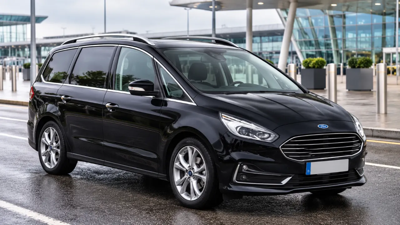 Black Ford Galaxy people carrier parked outside an airport terminal