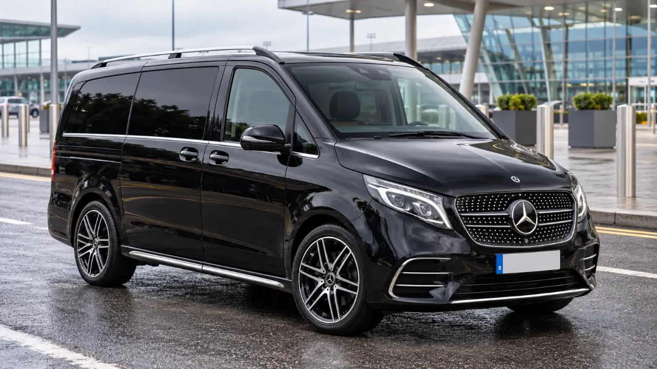 Black Mercedes-Benz V-Class people carrier parked outside an airport terminal