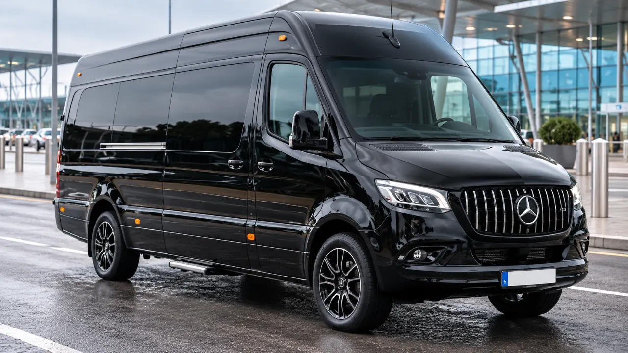 Black Mercedes-Benz Sprinter van parked outside an airport terminal