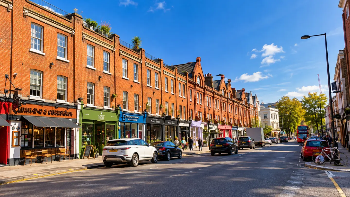 Sunny Chelsea high street with red-brick terraces, independent shops and a red London bus