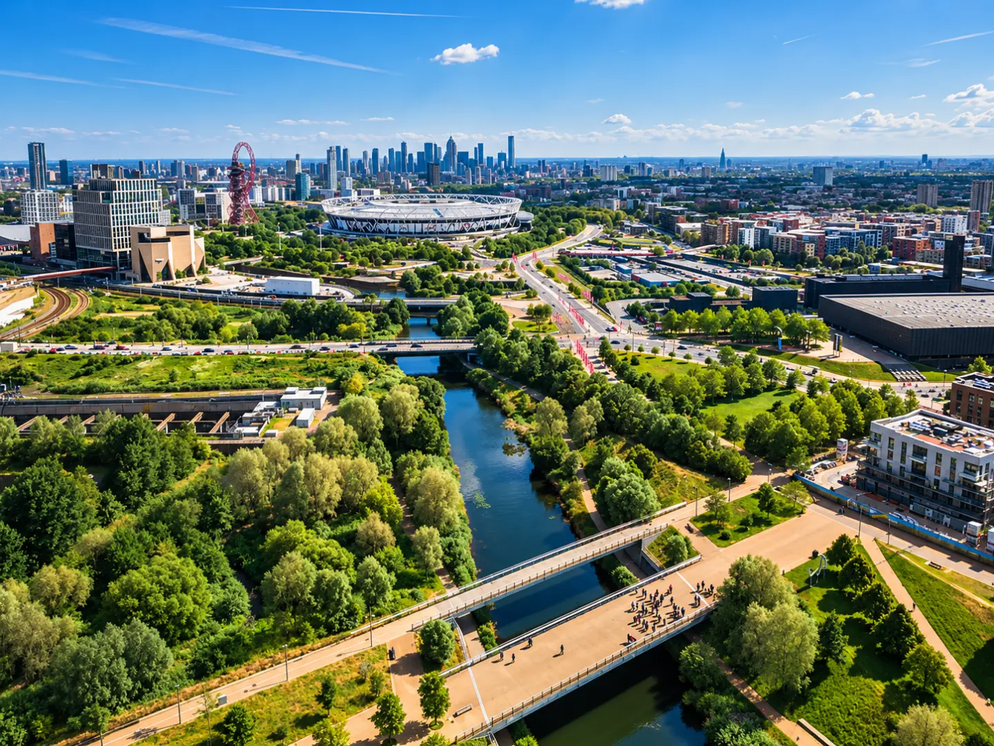 Aerial view of Queen Elizabeth Olympic Park in Stratford, with the stadium, the river and the City skyline beyond