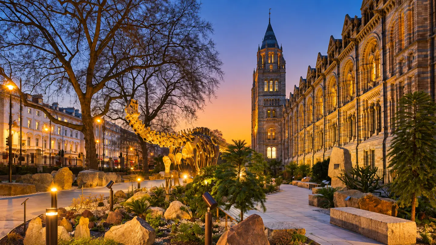 Victorian museum building and gardens in Kensington at dusk, with street lights and white stucco terraces