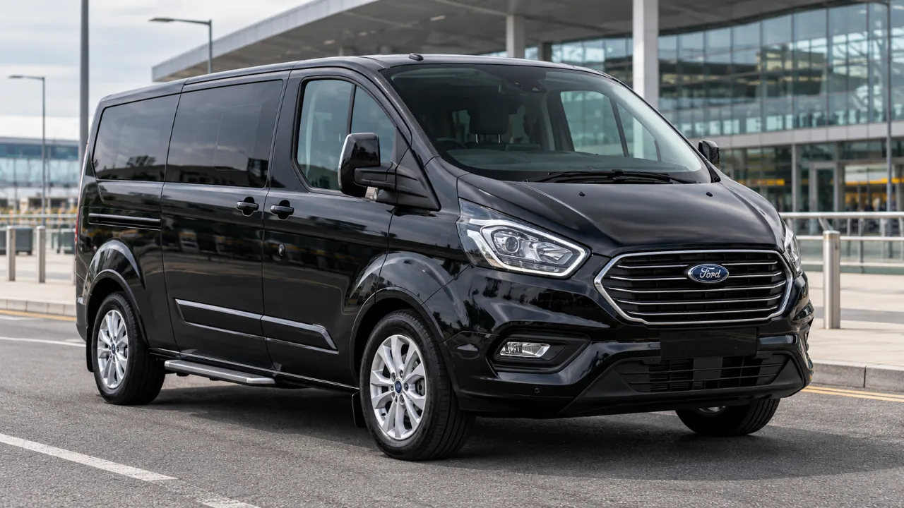 Black Ford Tourneo people carrier parked outside an airport terminal