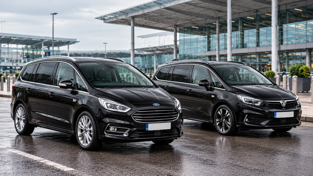 A black Ford Galaxy and a black Vauxhall Zafira parked side by side outside an airport terminal