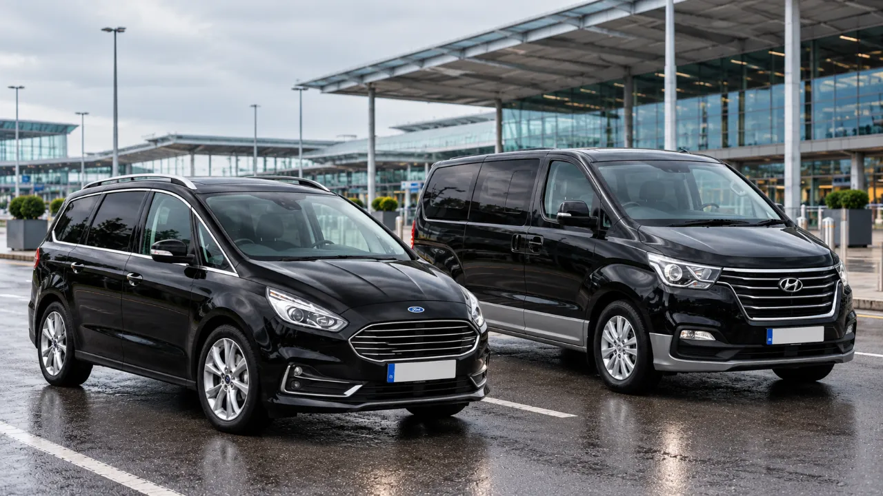 A black Ford Galaxy and a black Hyundai people carrier parked side by side outside an airport terminal