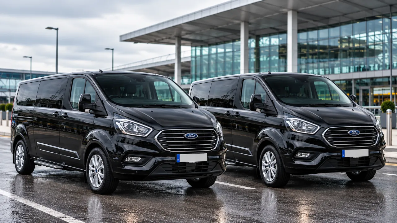 Two black Ford Tourneo people carriers parked side by side outside an airport terminal