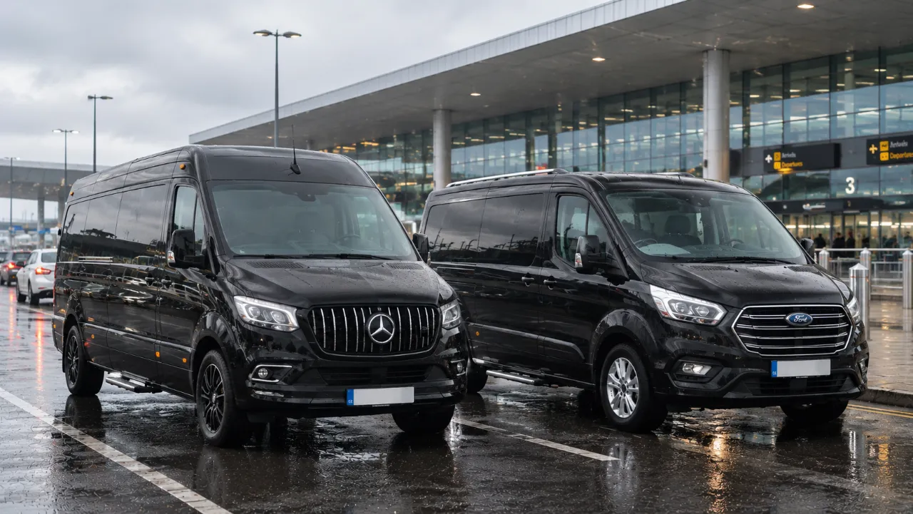 A black Mercedes-Benz van and a black Ford Tourneo parked side by side outside an airport terminal on a rainy day