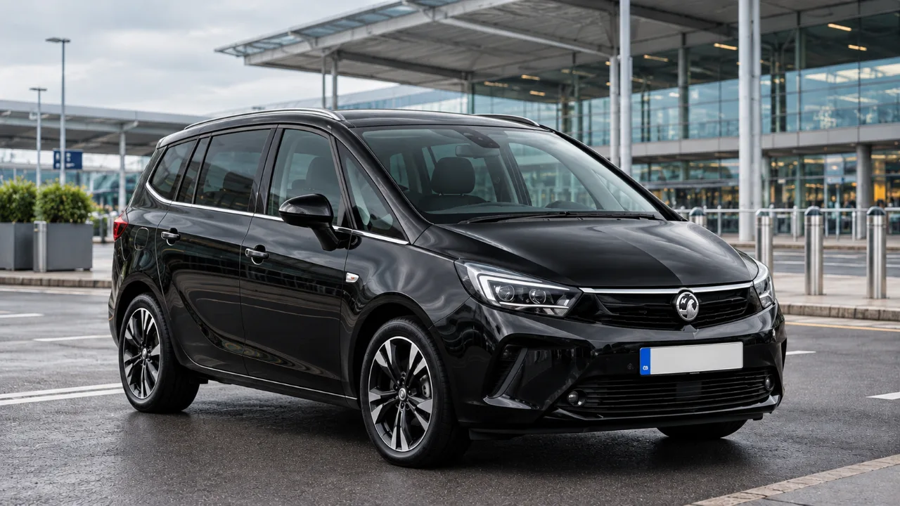 Black Vauxhall Zafira people carrier parked outside an airport terminal
