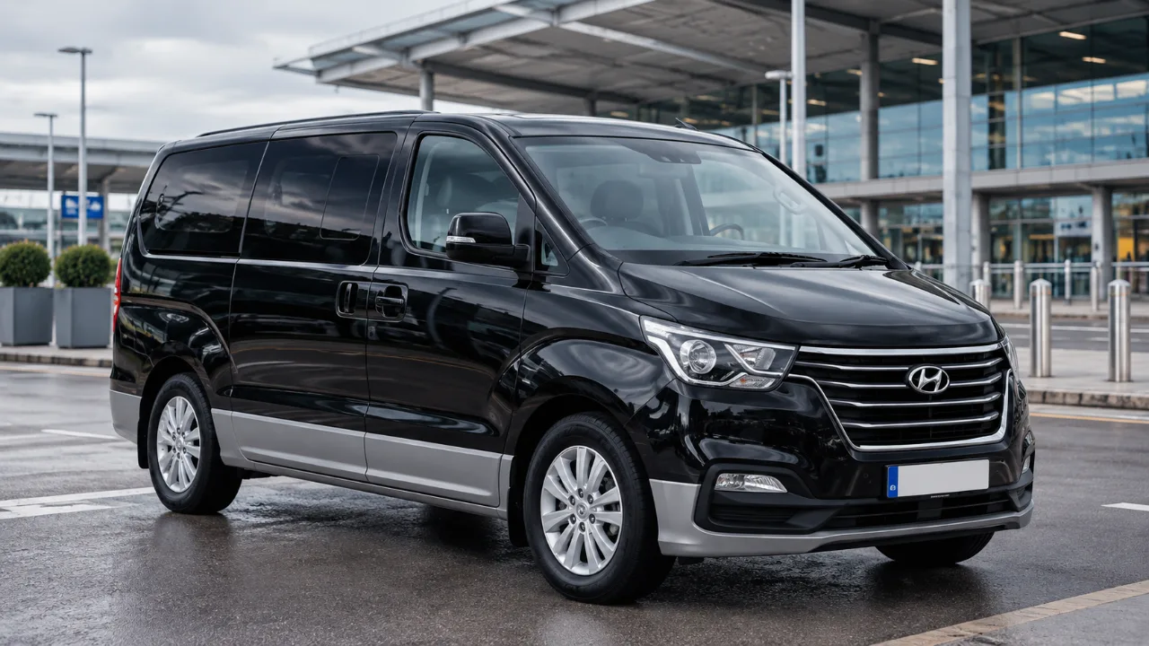 Black Hyundai i800 people carrier parked outside an airport terminal