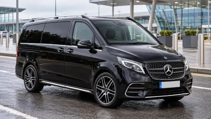 Black Mercedes-Benz V-Class people carrier parked outside an airport terminal