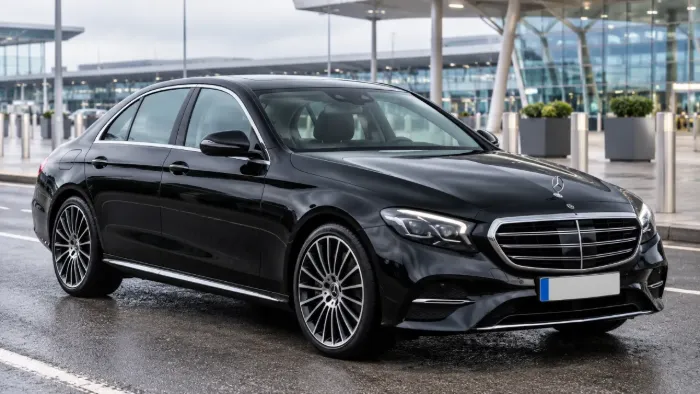 Black Mercedes-Benz E-Class parked outside an airport terminal