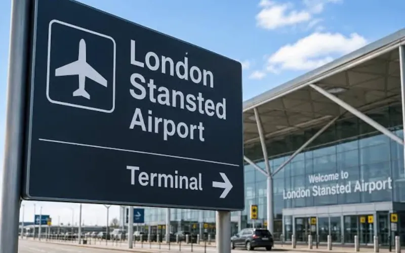 London Stansted Airport terminal with a road sign pointing to the terminal