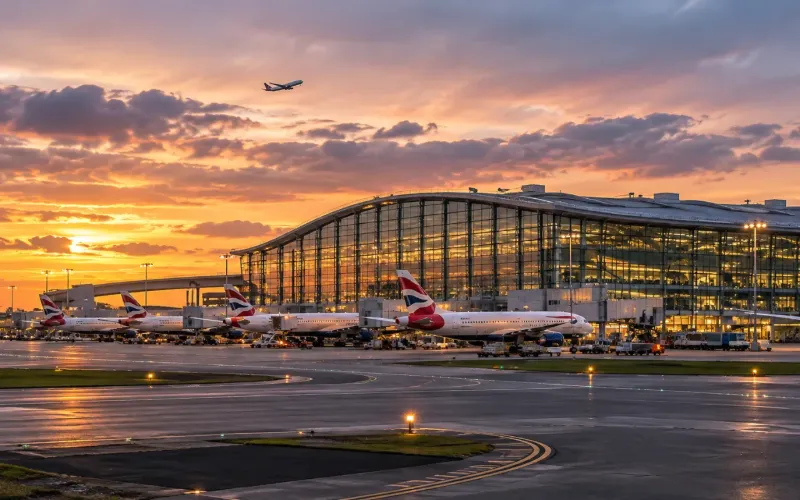 Heathrow Airport terminal at sunset, with aircraft parked at the gates