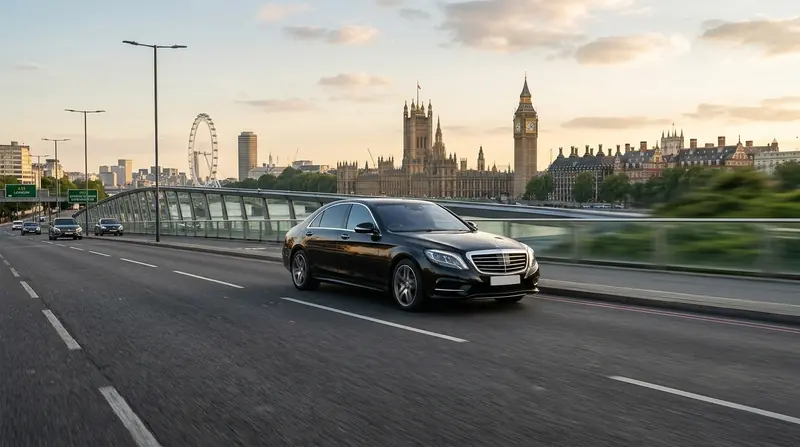 Black Mercedes saloon driving into central London, with the Houses of Parliament, Big Ben and the London Eye behind