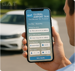  Plan Your Airport Transfer – a person holds a phone showing a booking form