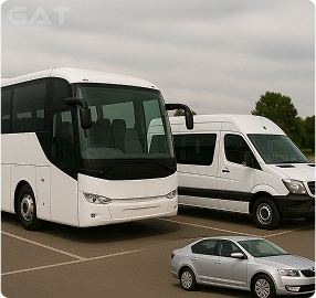 Choose Your Preferred Vehicle – various vehicles including a bus and a car are parked