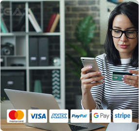 Secure Your Booking – a woman enters payment details on her phone, credit card icons (Visa, Mastercard, PayPal, etc.) shown