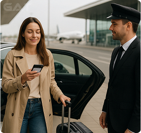 Confirmation & Travel Peacefully – a woman receives confirmation on her phone beside a chauffeur