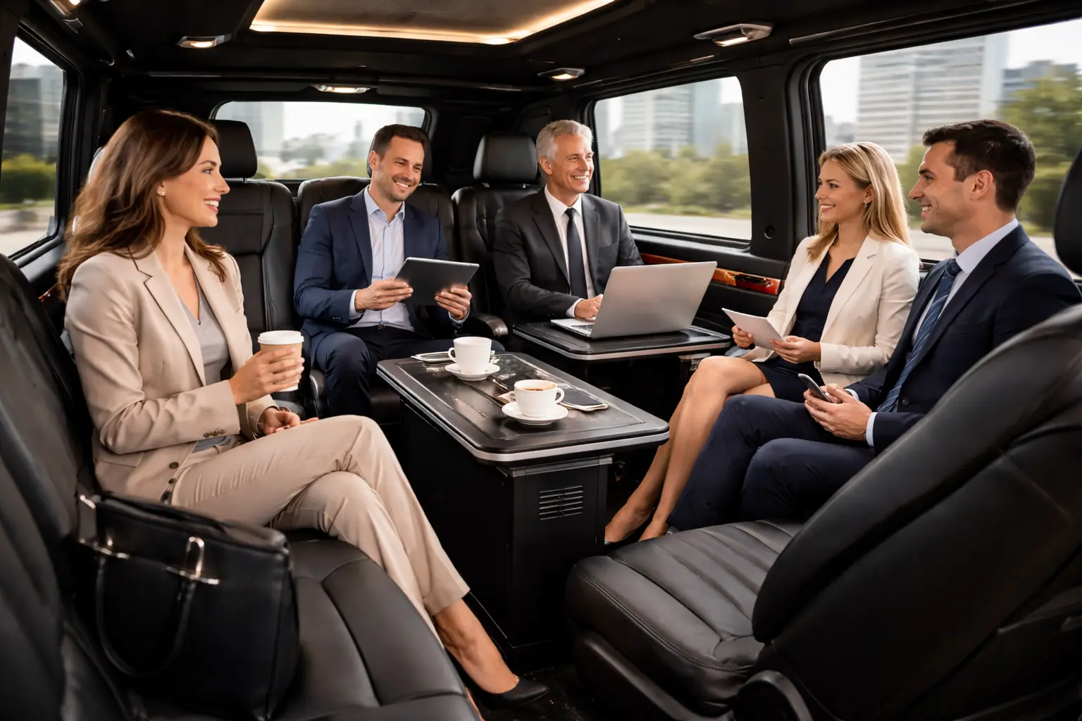 Business professionals traveling in taxi 7 seater