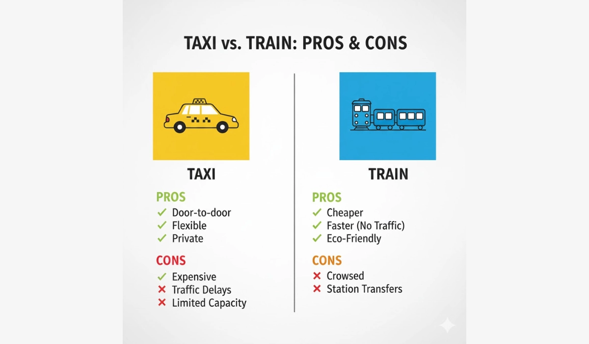 Taxi vs Train with Pros and Cons