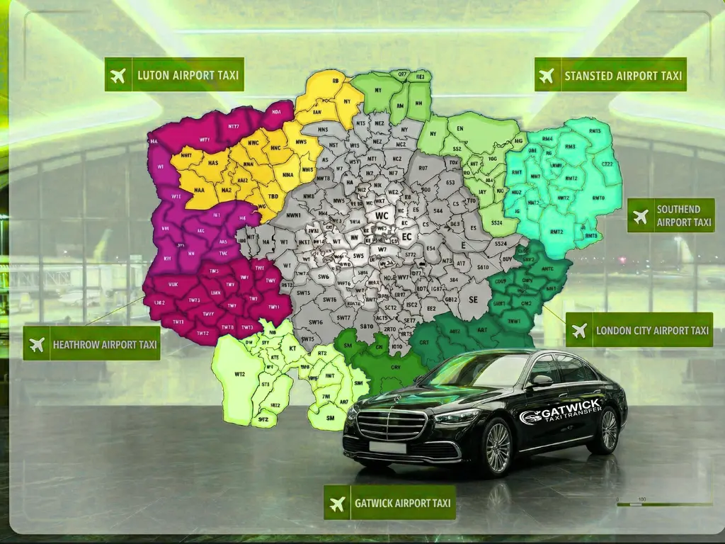 Gatwick Airport taxi service coverage map showing all London boroughs and surrounding counties including Essex, Hertfordshire, Surrey, Kent, and Berkshire with fixed-price transfers to all major UK airports