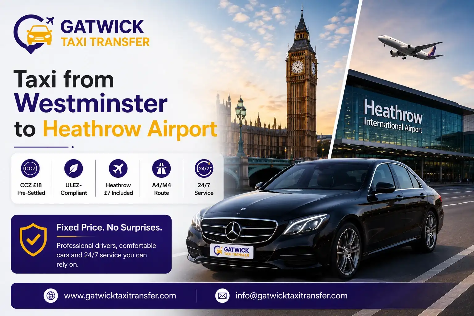 Pre-booked taxi from Westminster SW1 to Heathrow Airport — fixed price, CCZ £18 pre-settled, TfL PCO licensed, Gatwick Taxi Transfer