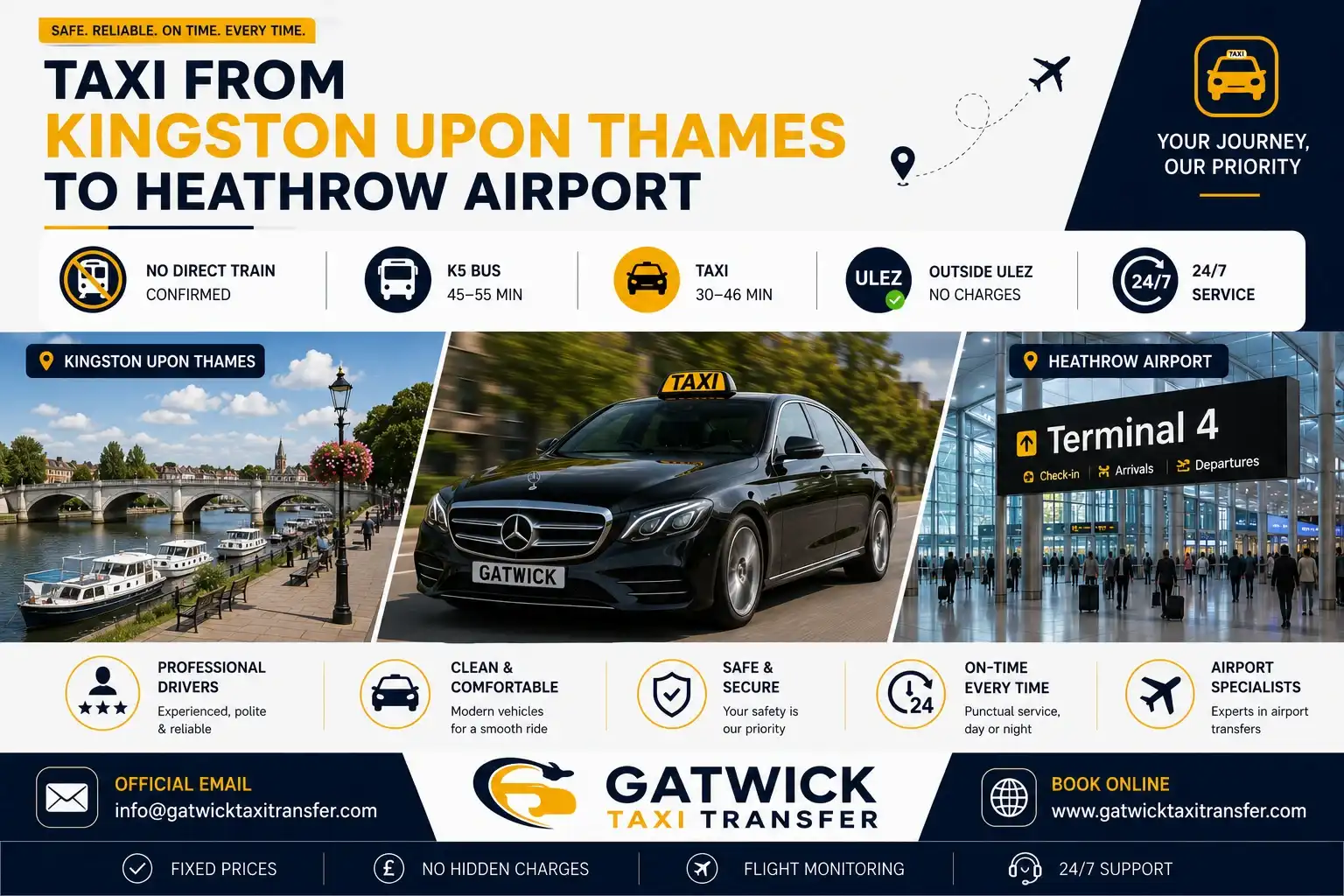 Pre-booked taxi from Kingston upon Thames KT1 KT2 to Heathrow Airport — no direct train, faster than K5 bus, outside ULEZ, fixed price, Gatwick Taxi Transfer