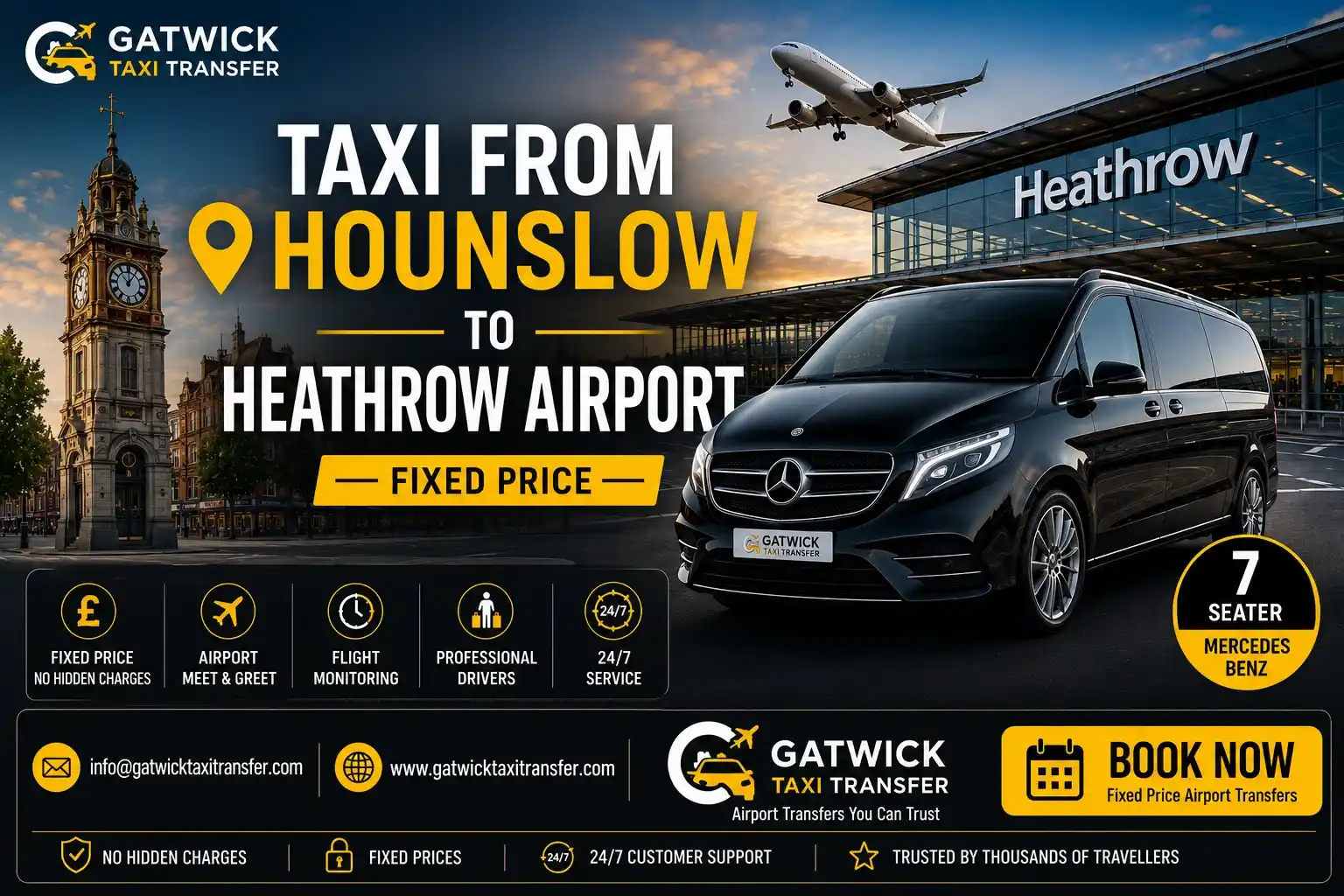 Pre-booked taxi from Hounslow TW3 TW5 to Heathrow Airport — Bath Road direct, fixed price, nearest borough, Gatwick Taxi Transfer