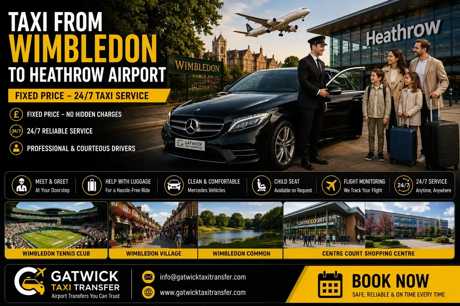 Pre-booked taxi from Wimbledon SW19 to Heathrow — 7.3 miles A316, fixed price, Gatwick Taxi Transfer