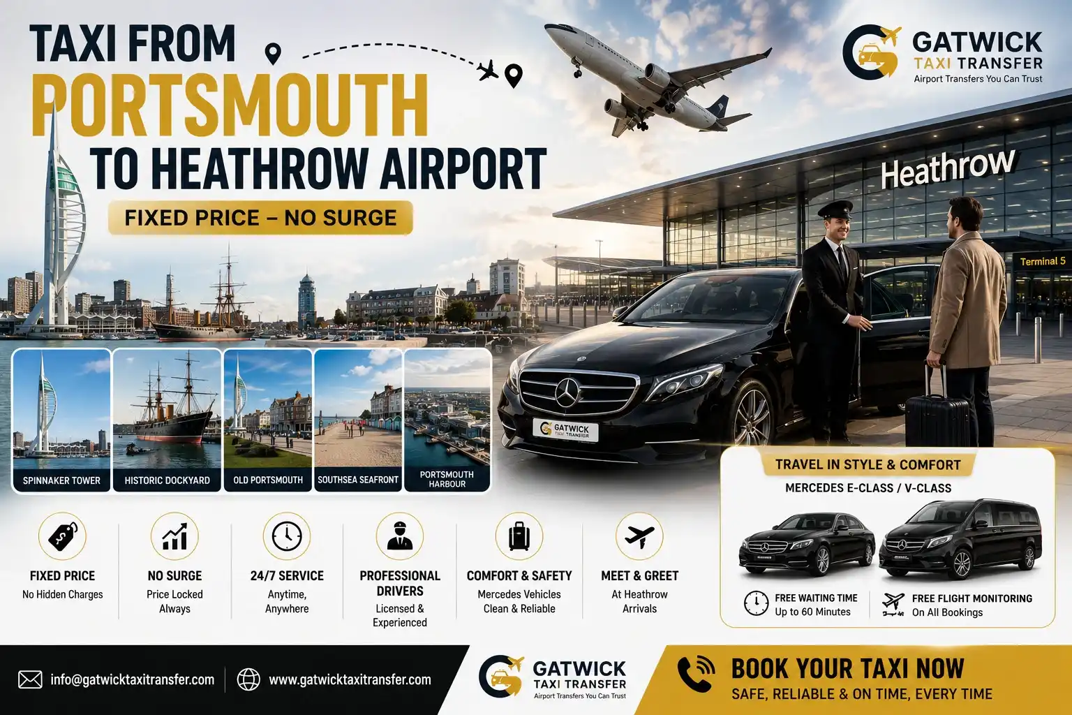 Taxi from Portsmouth to Heathrow Airport — fixed price, GTT pre-booked transfer