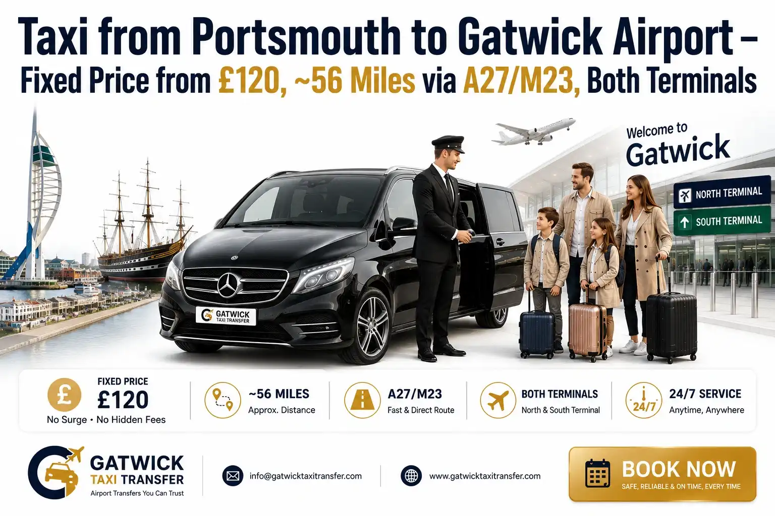 Taxi from Portsmouth to Gatwick Airport: Fixed Price £120 | Gatwick Taxi Transfer