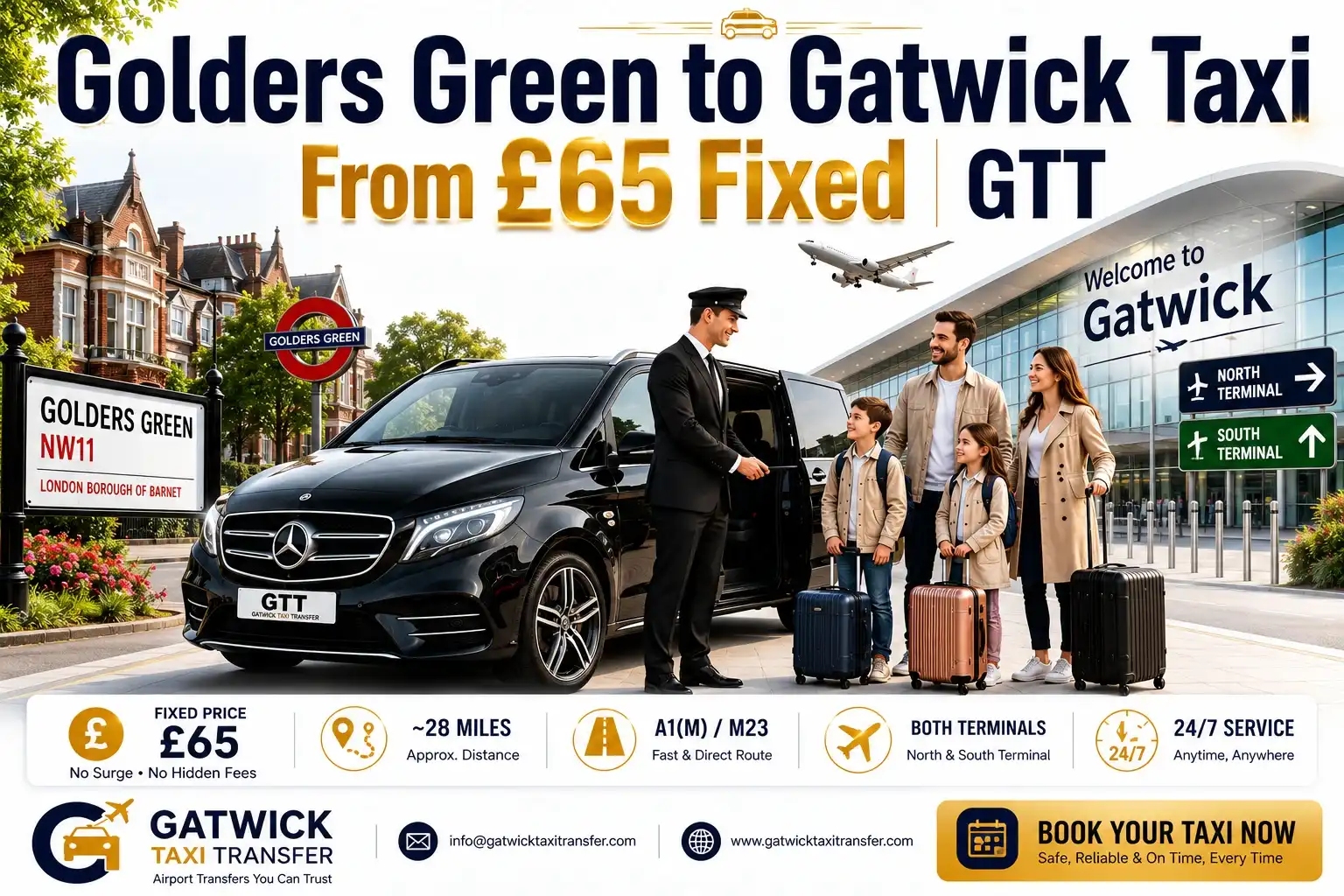 Golders Green to Gatwick Taxi | From £65 Fixed | GTT