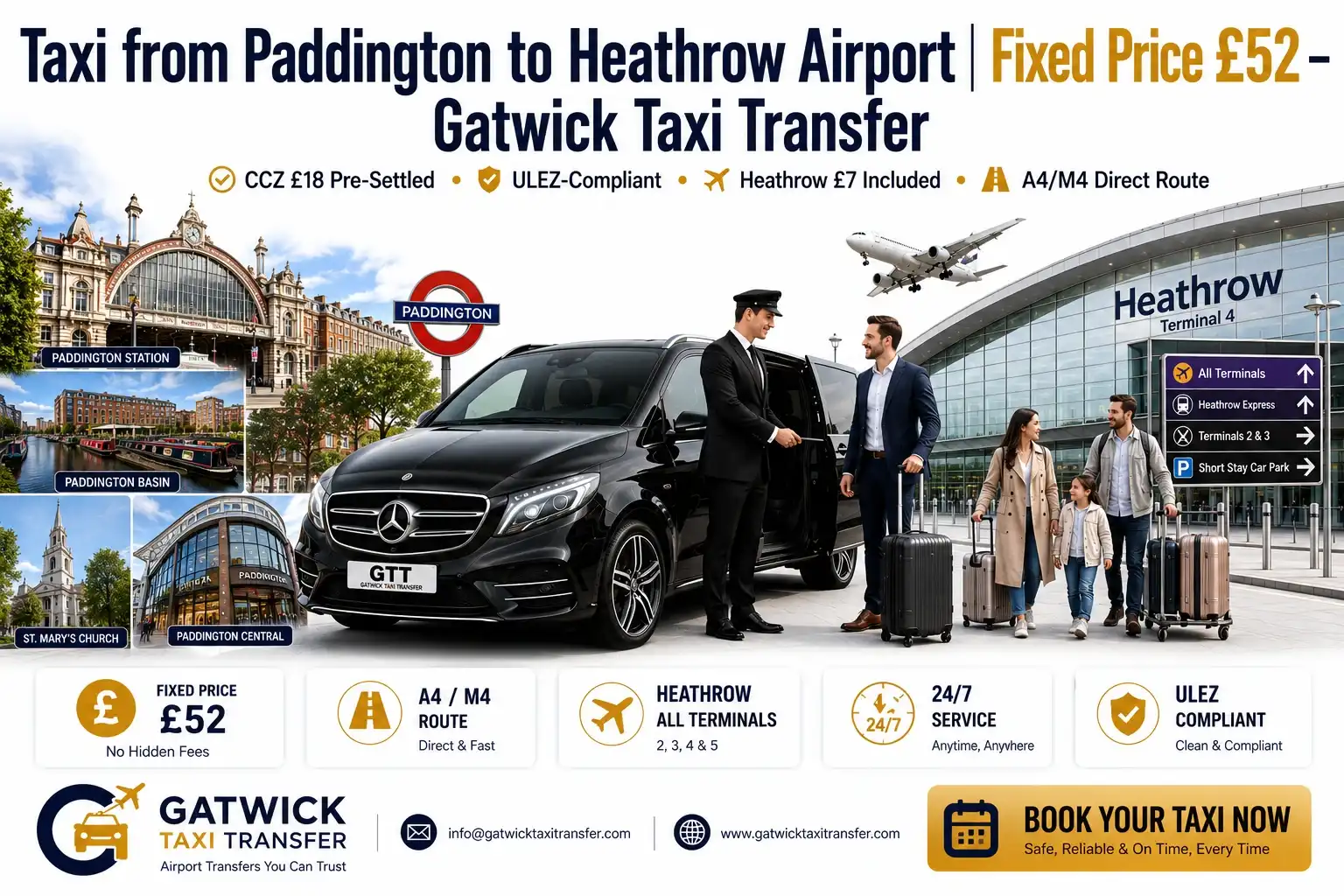 Pre-booked taxi from Paddington W2 to Heathrow Airport — A40 M4 route fixed price