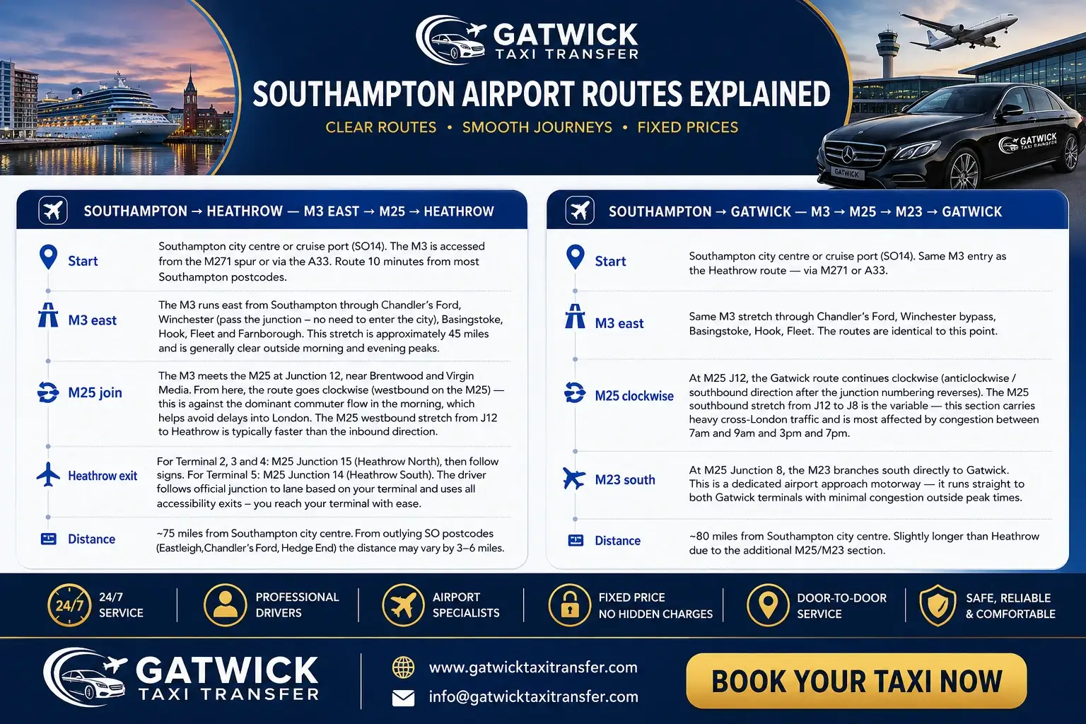 Southampton to Heathrow and Gatwick taxi — fixed price from £145. Pre-booked private hire saloon on the M3/M25 route (~75 miles, 70-90 min) from Southampton city centre, Southampton cruise port (Ocean Terminal, City Cruise Terminal, Mayflower Terminal) and all Hampshire SO postcodes. All Heathrow terminals T2 T3 T4 T5 and both Gatwick terminals (North and South) covered. £7 Heathrow drop-off charge and £10 Gatwick drop-off charge both included. Gatwick Taxi Transfer TfL PCO licensed, DBS checked drivers, meet and greet in arrivals hall, 1 hour free waiting from actual landing time, real-time flight tracking. Fixed price saloon £145 Heathrow / £155 Gatwick. 4.8/5 Trustpilot. 24/7.
