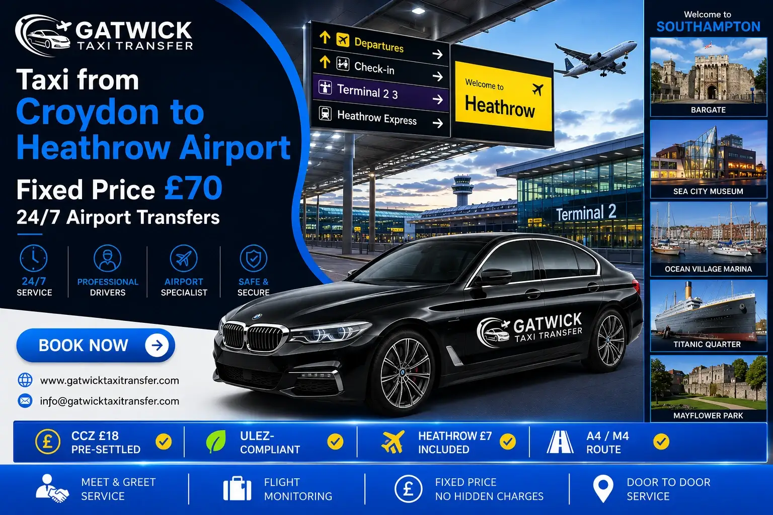 Taxi from Croydon to Heathrow Airport fixed price — A23 M4 route, Gatwick Taxi Transfer