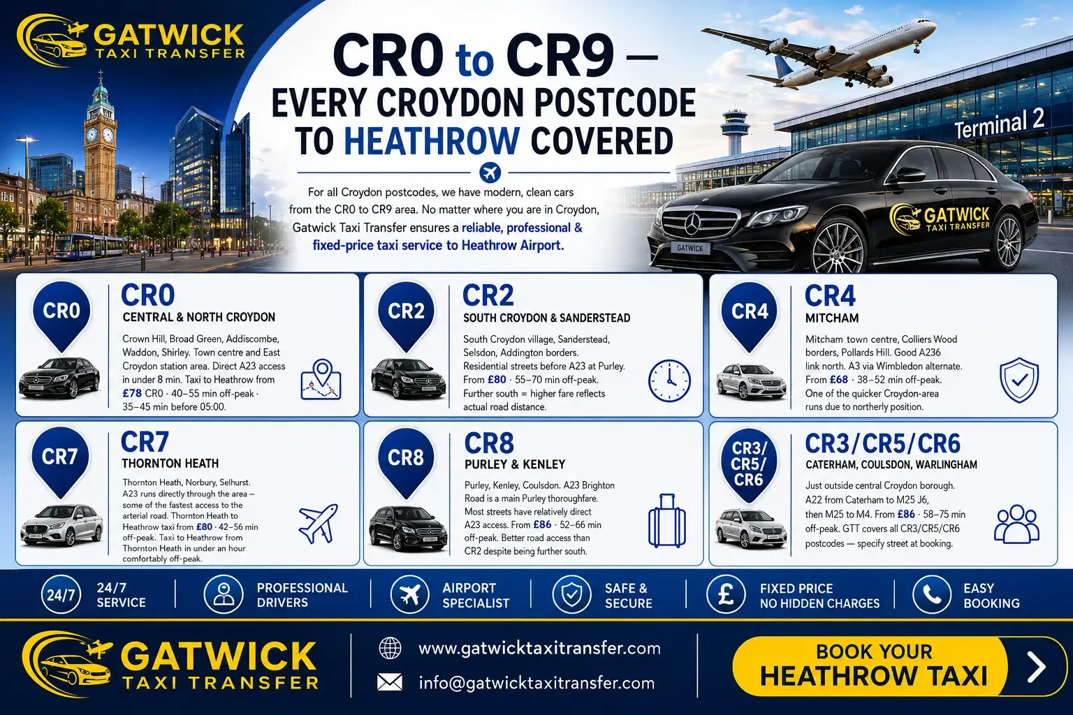 Book a reliable taxi from Croydon to Heathrow Airport — CR0 CR2 CR7 CR8, fixed price, all terminals