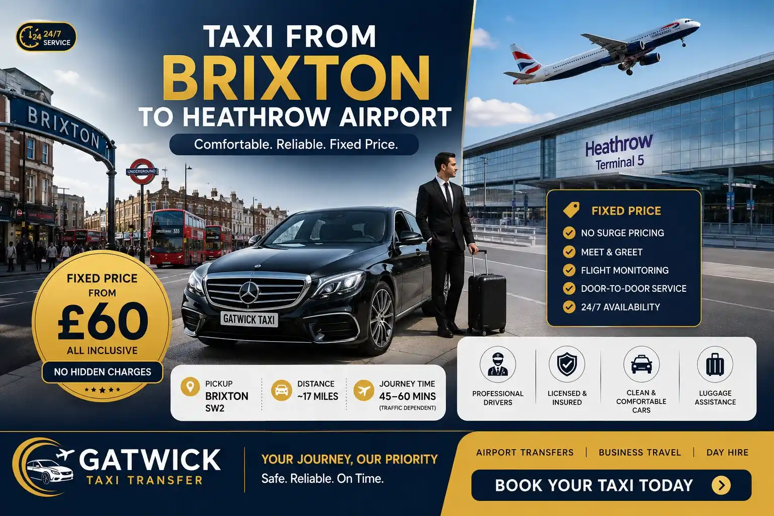 Taxi from Brixton SW9 to Heathrow Airport fixed price — A23 A3 M4 route, Gatwick Taxi Transfer