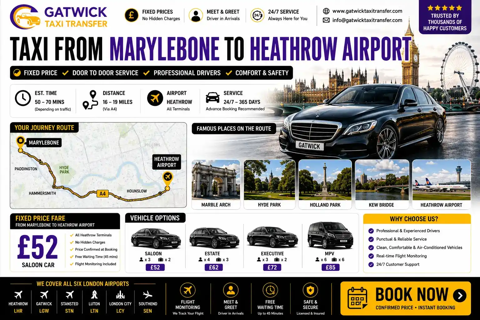 Taxi from Marylebone to Heathrow Airport fixed price — A40 M4 route, Gatwick Taxi Transfer