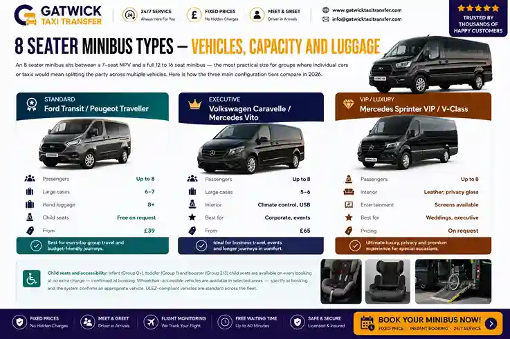 8 seater minibus hire UK 2026 — from £39 fixed price. Chauffeured or self drive. Airport transfers to Gatwick (from £90), Heathrow (from £85), Stansted (from £100), Luton (from £95), London City (from £55). All drop-off charges included. No surge, no night rate, 24/7. Driver inside arrivals hall with name board. Child seats free. TfL PCO licensed, 4.8/5 Trustpilot. Gatwick Taxi Transfer — gatwicktaxitransfer.com.