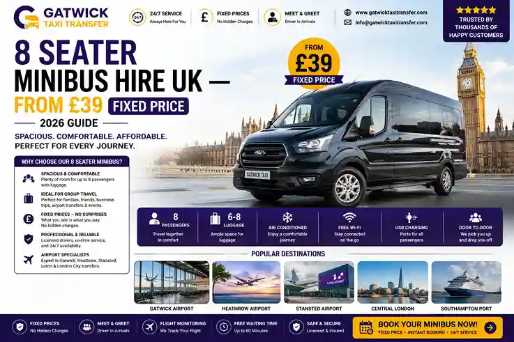 8 Seater Minibus Hire UK 2026 — From £39 | Gatwick Taxi Transfer