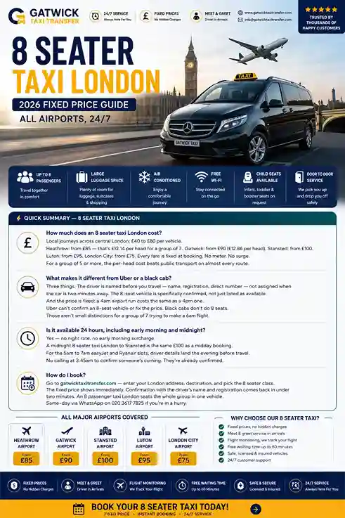 8 seater taxi London 2026 — fixed price guide, all airports, 24/7. Local from £40. Heathrow from £85 (all terminals T2–T5, £7 drop-off included). Gatwick from £90 (North and South Terminal, £10 drop-off included). Stansted from £100 (no midnight surcharge). Luton from £95. London City from £75. Named driver confirmed before travel. No surge, no night rate. TfL PCO licensed, 4.8/5 Trustpilot. Gatwick Taxi Transfer — gatwicktaxitransfer.com.