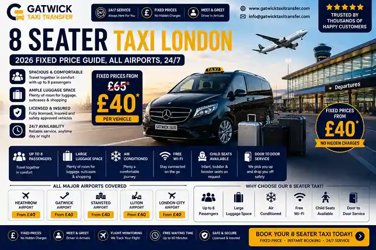 8 Seater Taxi London 2026 — Fixed Price from £40 | Gatwick Taxi Transfer