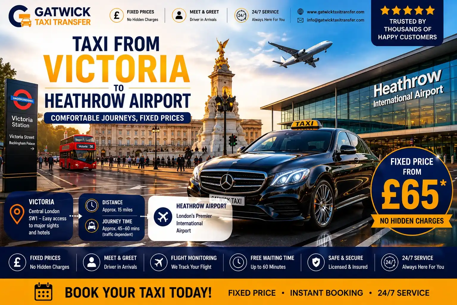 Taxi from Victoria SW1 to Heathrow Airport — fixed price from £65, A4/M4 route, CCZ £18 pre-settled, all terminals