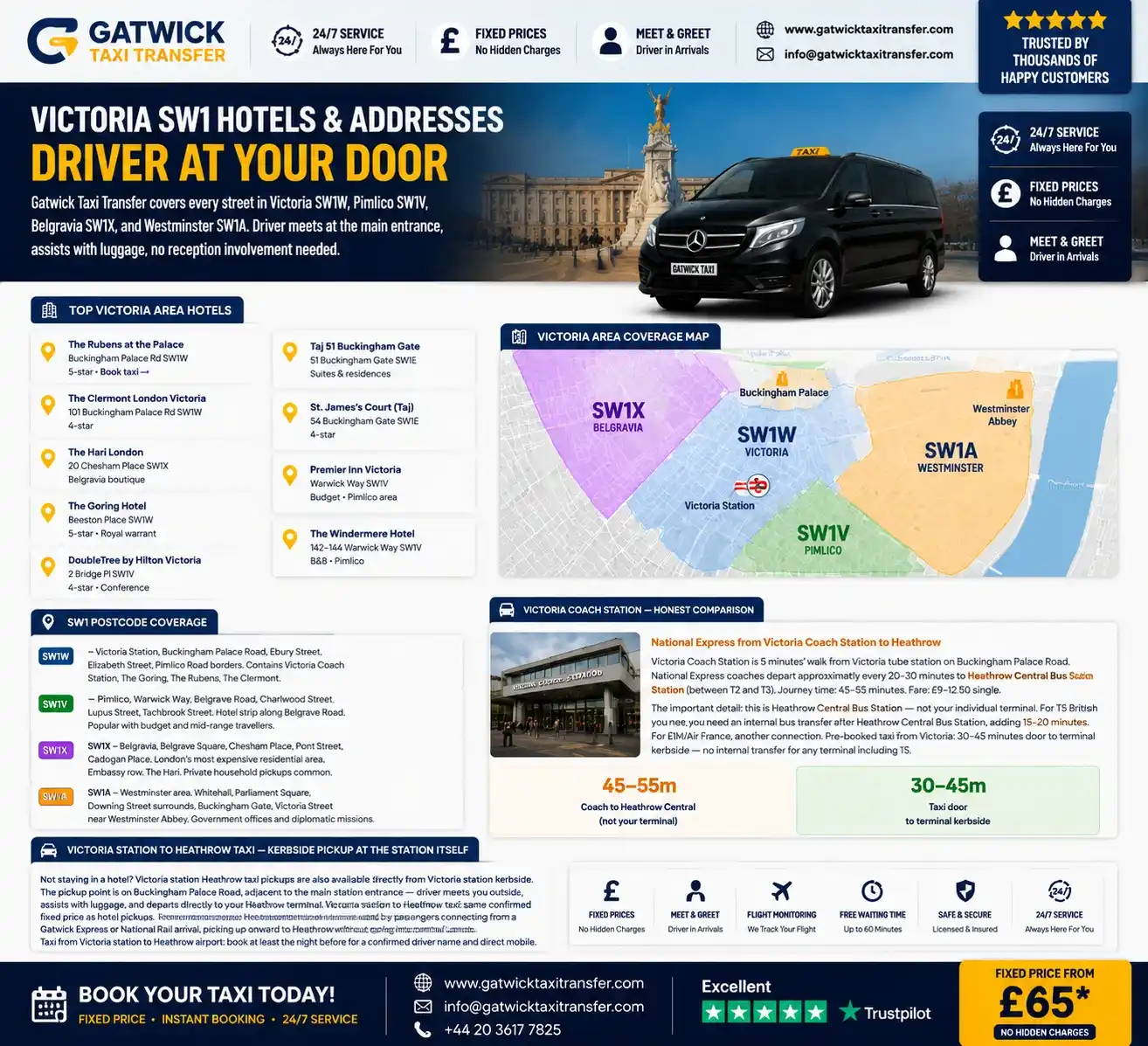 Victoria Station to Heathrow Airport taxi — pre-booked fixed price from £65, Pimlico SW1V, Belgravia SW1X covered