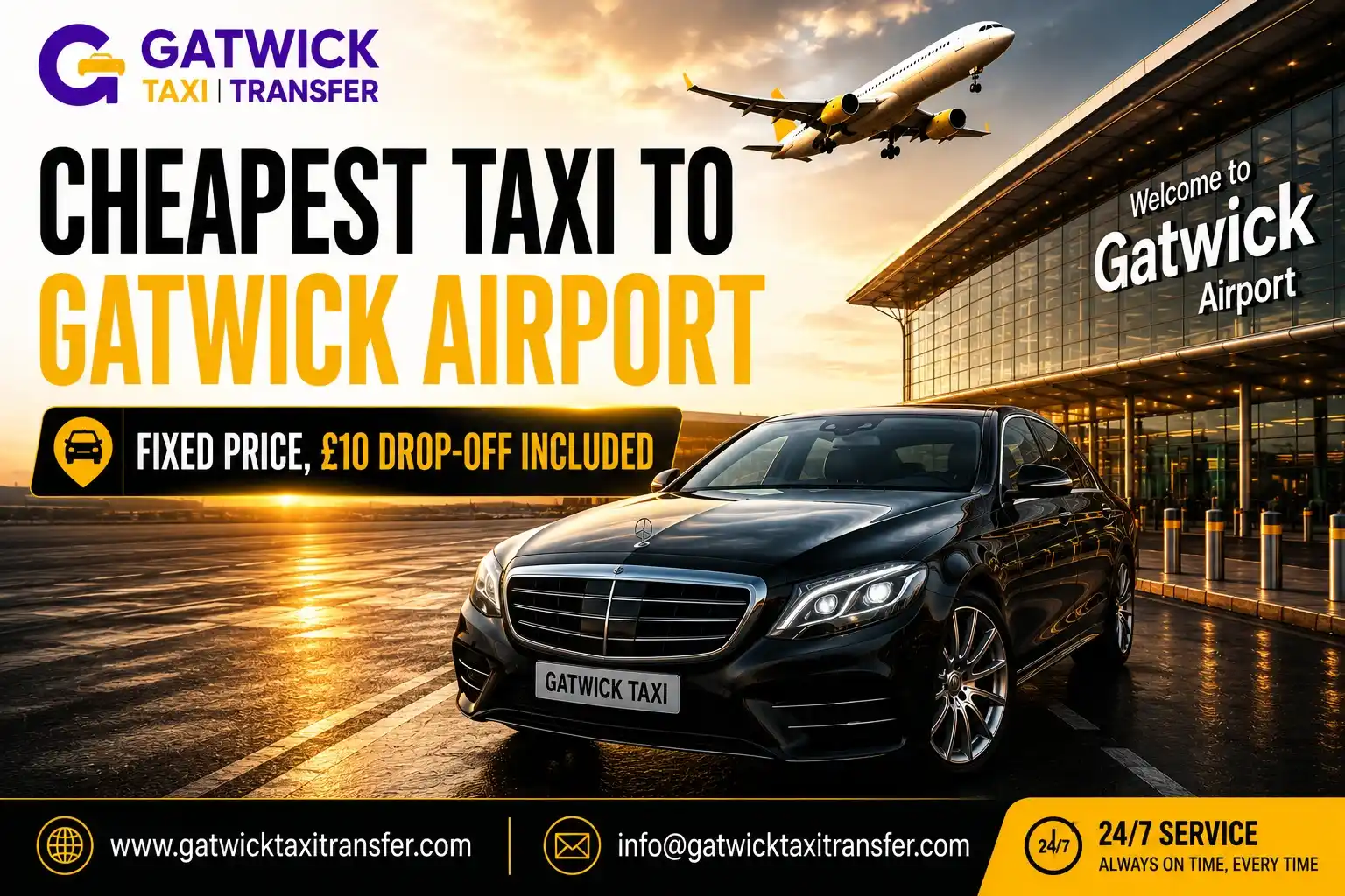 Cheapest Taxi to Gatwick Airport — Fixed Price, £10 Drop-Off Included