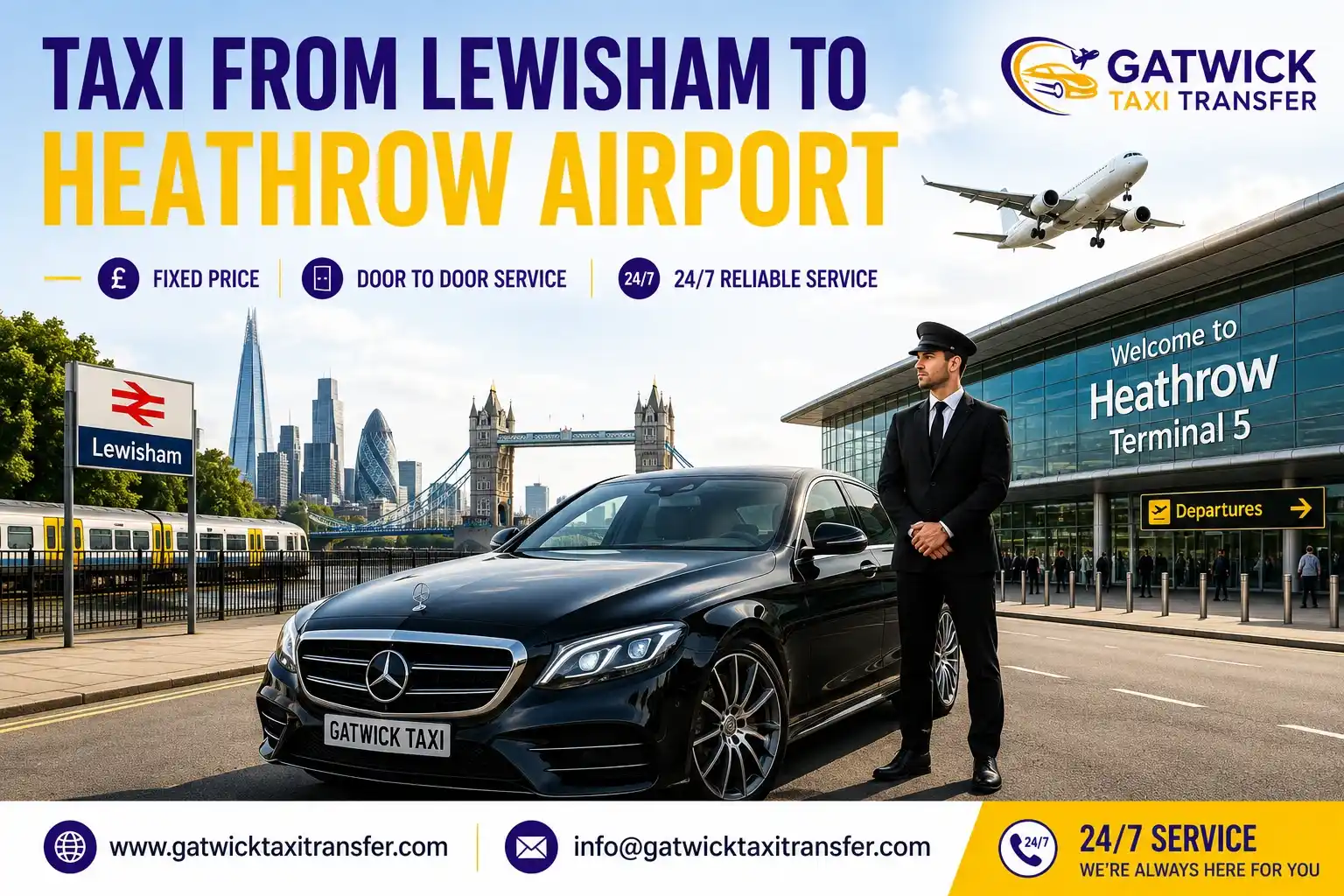 Taxi from Lewisham SE13 to Heathrow Airport — fixed price from £65, ULEZ-exempt, no CCZ, Heathrow £7 included